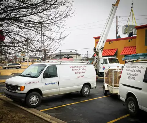 The Miller Service Company fleet installing a commercial HVAC unit in Mountain Home AR